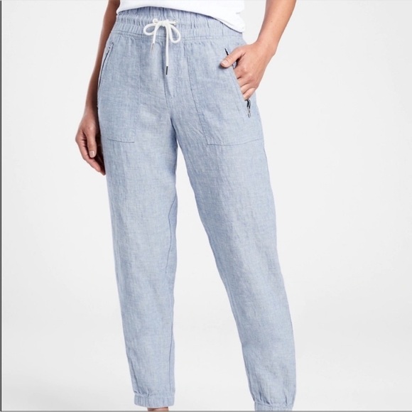 Athleta Cabo 100% Linen Jogger Blue Drawstring Zipper Pocket Tie Waist Beach 6 - Picture 1 of 13